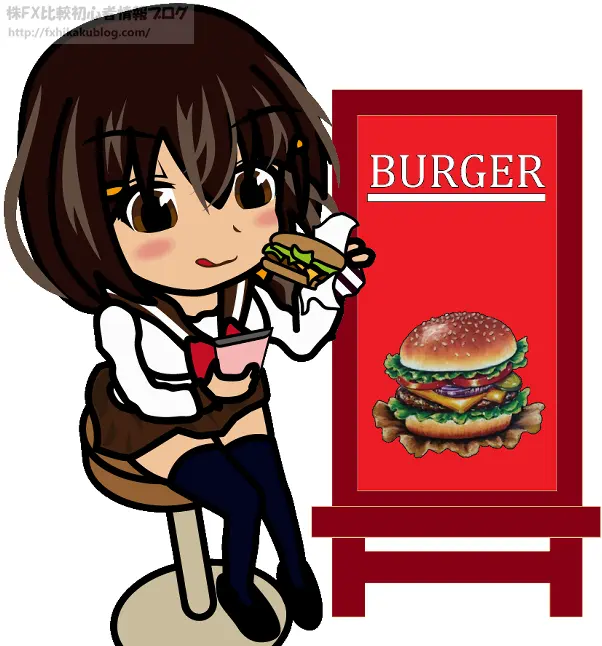 スマホを見ながらハンバーガーを食べる女子高生