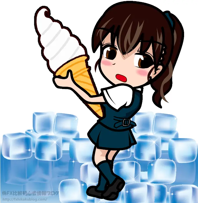 水上のロックアイスの上で巨大なソフトクリームを持つ女子高生