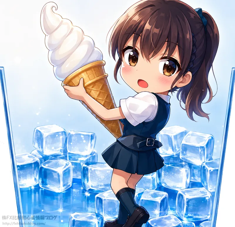 大きなコップの中で氷の上に立ち大きなソフトクリームを持つ女子高生