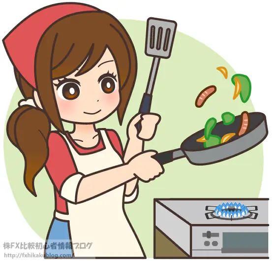 ガスコンロでフライパンを使い調理する女性