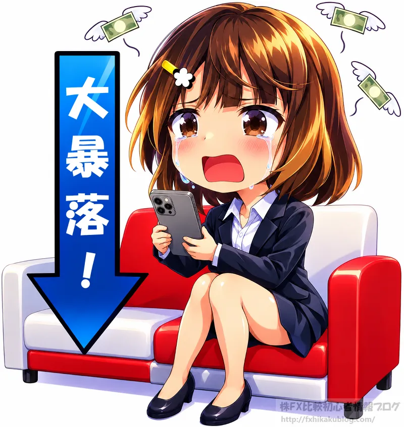 大暴落で大損しスマホを見ながら号泣する女の子